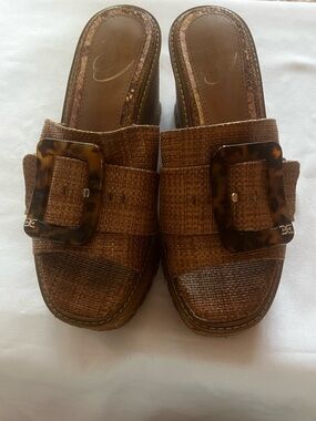 Sam Edelman Brown Woven Slide Mules with Tortoiseshell Buckle